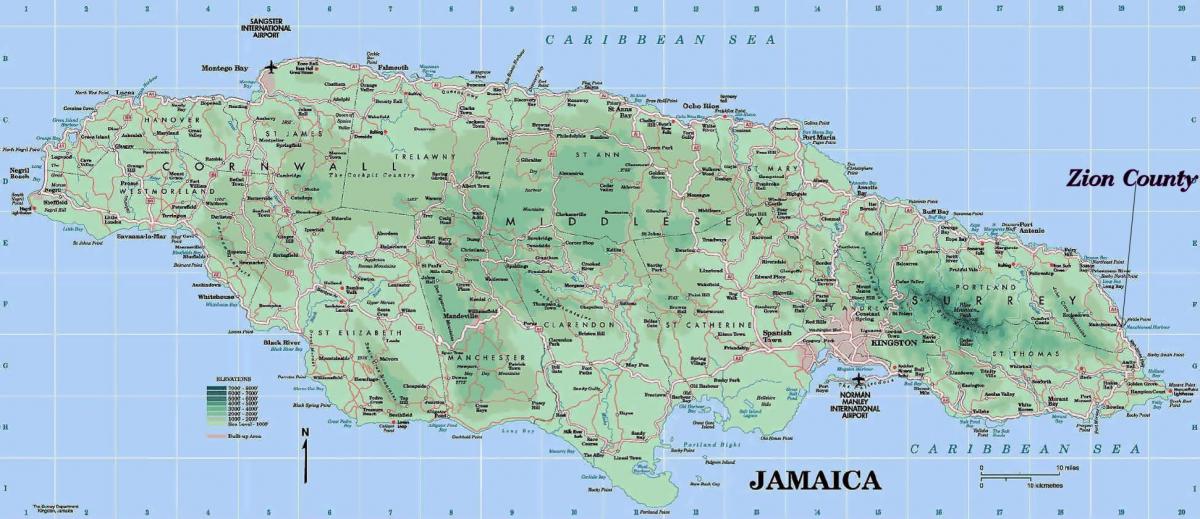 fyzická mapa jamajky ukazující hory