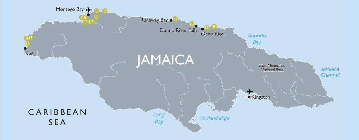 mapa turistických atrakcí na jamajce