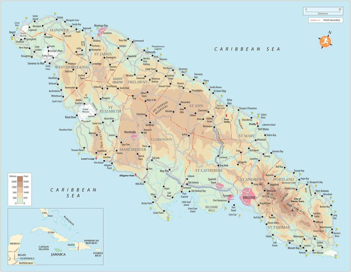 Mapa jižní pobřeží, jamajka 