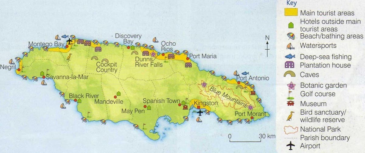 Mapa jamajky ukazuje rekreačních oblastech