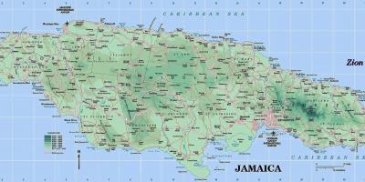 Fyzická mapa jamajky ukazující hory