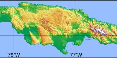 Mapa jamajky ukazuje, hor, rovin a údolí